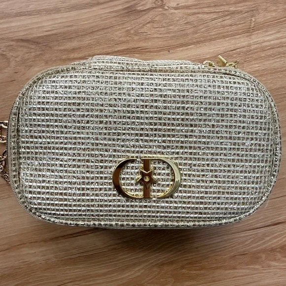 Dior Tan/Gold Woven Cosmetic Bag with Gold Chain - Picture 2 of 6